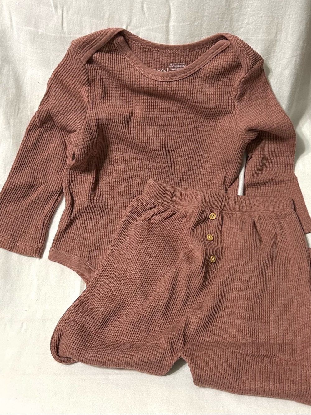 24 Month Long-Sleeve Ribbed Waffle Baby One-Piece and Shorts Set - Mauve Rose